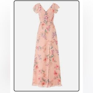 Monique Lhuillier Pink Floral Gwen Gown Dress Sz 4 V Neck Flutter Short Sleeve